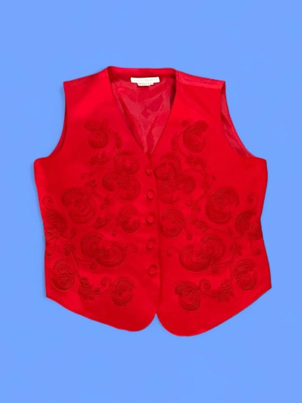 Red Embroidered Button-Front Vest